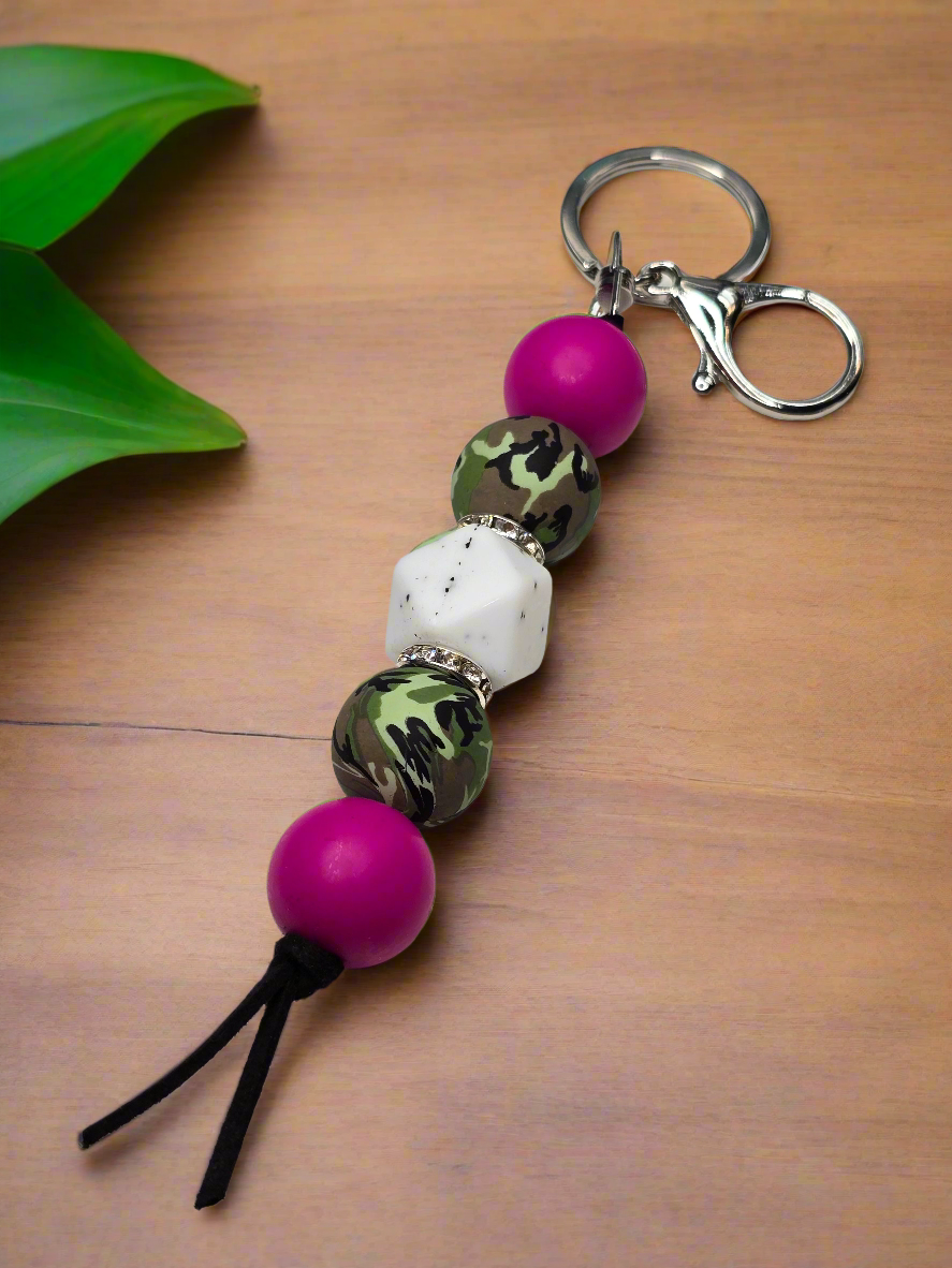 Pink Camo Silicone Beaded Keychain